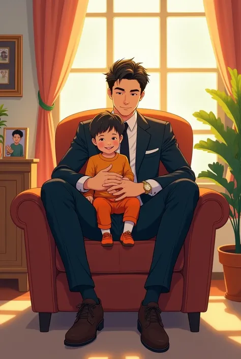 anime style drawing of a man standing in a suit with his son on his lap realistic