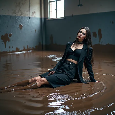 A captivating and color photo of one business goth lady, exuding a slender, model-like appearance with long hair. She is dressed in black long classic business skirt, black dirty business jacket. vest, shirt, torn stockings, black choker on the neck. She l...