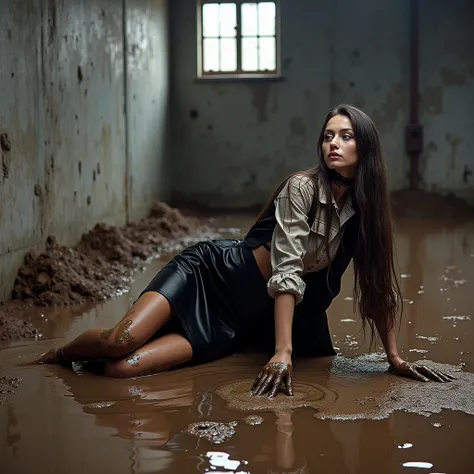 A captivating and color photo of one business goth lady, exuding a slender, model-like appearance with long hair. She is dressed in black long classic business skirt, black dirty business jacket. vest, shirt, torn stockings, black choker on the neck. She l...