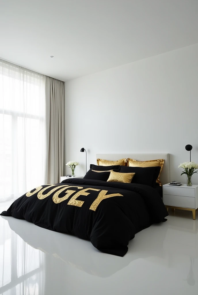 Minimalist large room with very large bed black Versace duvet with gold letters SUGEY