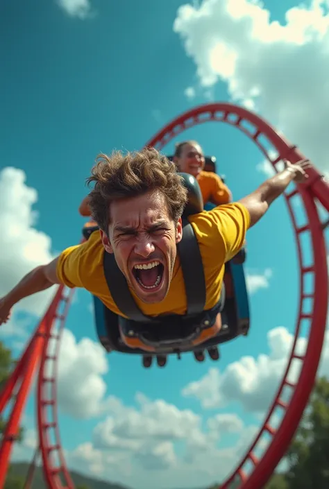  crying adult falling from roller coaster with focus on roller coaster