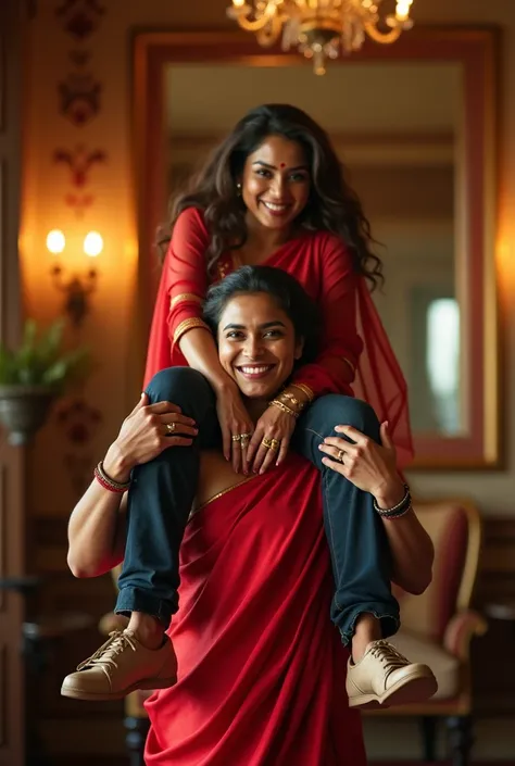 Create a realistic photograph of a smiling and beautiful indian actress in red satin carrying a large man on her shoulders in a room, man is sitting on top of her shoulders , man on top, woman at bottom 