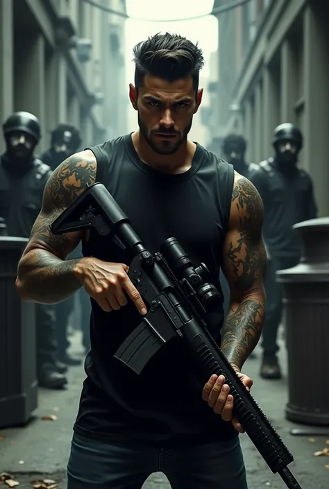 Male angry character with sniper shooter, background of a gang,front angle view