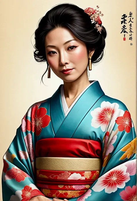 Please draw a Japanese woman in her 40s wearing a kimono.。