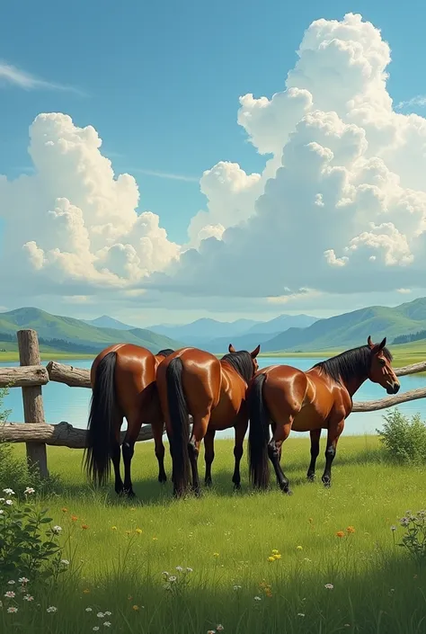 Beautiful horses on green plain old wooden fence a lake beautiful cloudy sky 