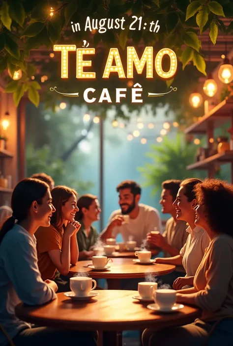 Create hd poster for Te amo Cafe grand opening on August  21th with cuppuccino drinking people background