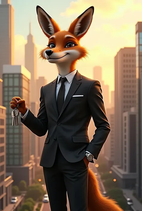 (cheered up) coyote in black suit, real estate seller.