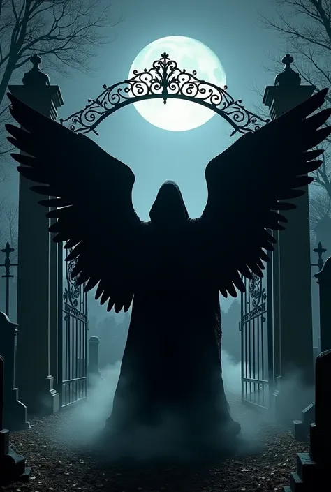 Black hooded angel with huge black wings behind an iron gate of a cemetery at night 