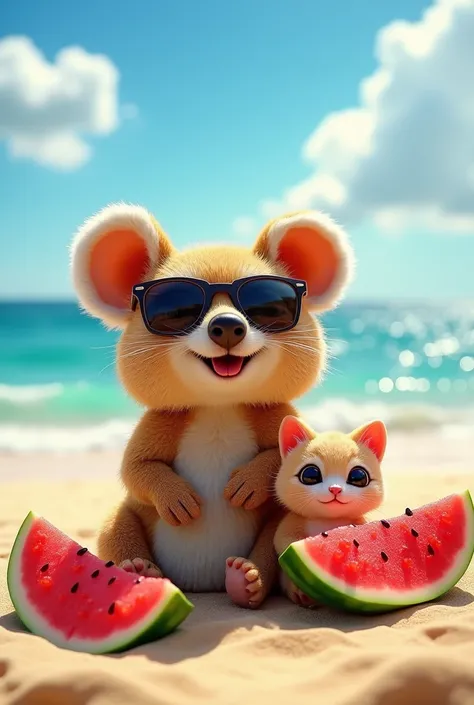 A Quokka with sunglasses eating watermelon on the beach with his very cute and cuddly kitten stuffed animal