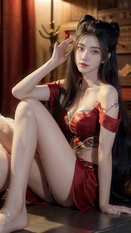 ((whole body)), 1 girl, Long hair, Red costume, （Transparent clothes）, Black Hair, Lay flat, long legs, Overlooking, Slender eyes, Fascinating eyes, Extremely detailed photos of the goddess, Three long thin red hairpins, Elongated eyebrows, tall, Costume, ...