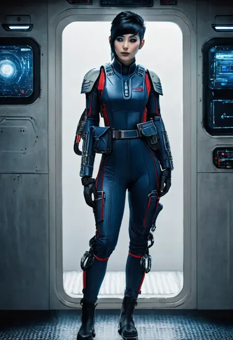 a female chiss with dark blue skin, black hair, and red eyes, wearing a black jumpsuit, tool belt, in a full body pose, standing...