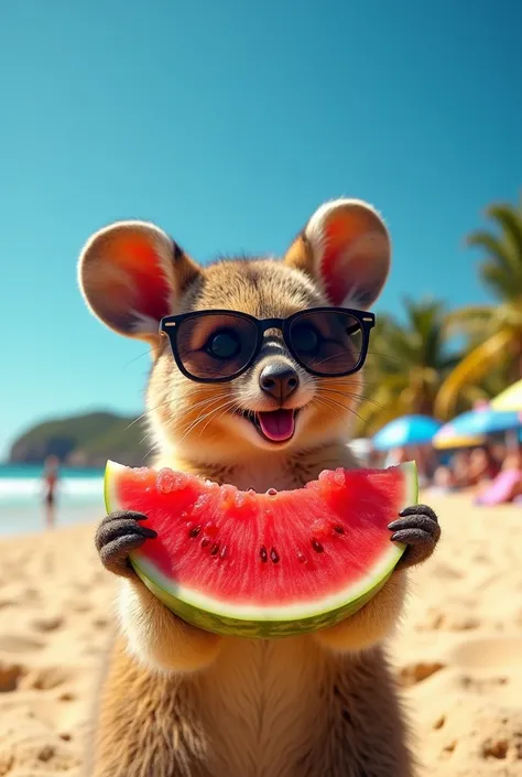 A Quokka wearing sunglasses eating watermelon on the beach