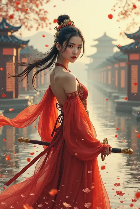 (Photorealistic, RAW, 16K, Masterpiece, UHD), full body, splash-ink tai chi illustration, yin yang illustration, Chinese Wuxia (real sexy Dilraba Dilmurat), ponytail, dramatic angle, looking_at_viewer,(fluttered detailed ink splashs), (illustration),(((1 g...