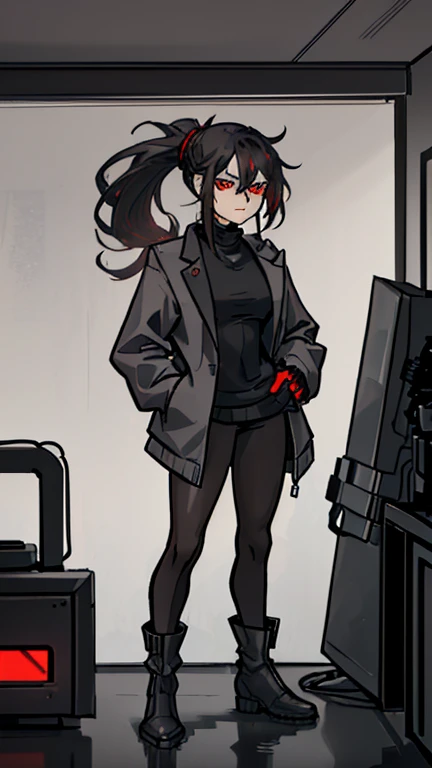 (detailed), (((normal guy))), (Arabic characteristics), ((gray wool jacket)), ((pelo negro rizado Ponytail hairstyle)), ((Ponytail hairstyle)), (calm face), ((by the width)), ((Brown boots)), (((whole body))), ((In a cyberpunk room)), ((male)), (gray turtl...