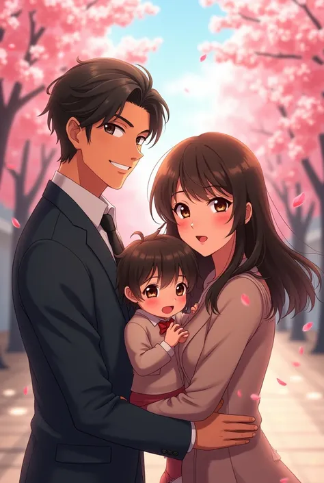 An anime man with black hair and dark maroon Eyes and he is standing with  an anime woman with long middle brunette hair and dark brown eyes and they are standing with their daughter who has black hair and dark brown eyes and they standing with their daugh...