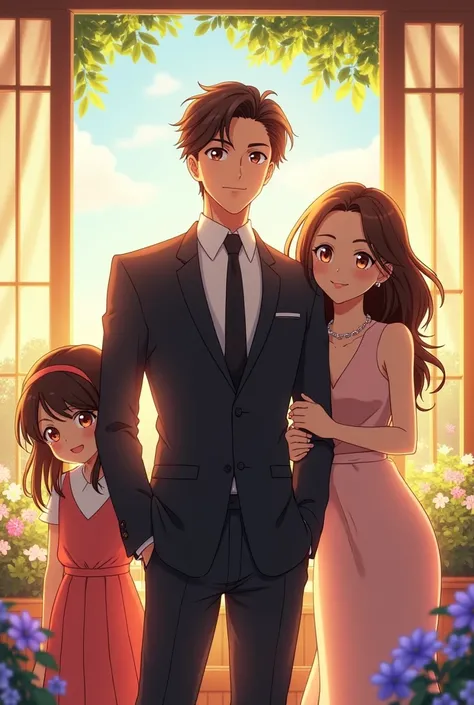 anime style drawing of a man in a suit with his realistic family