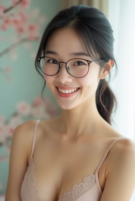 40 year old white skinned Japanese woman in underwear。Wear glasses。Black hair tied in a shiny ponytail slicked back。Look forward、smile。Upper body only。