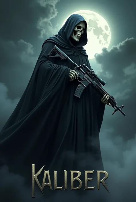 The grim reaper holding a machine gun with the word kaliber below it