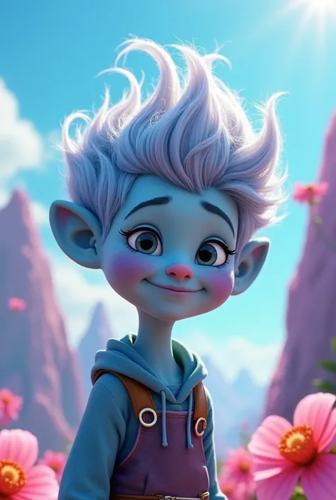 A mount rageous character from the movie "trolls 3" with slightly short greyish blue hair, very pale blue skin and gray eyes and very androgynous look