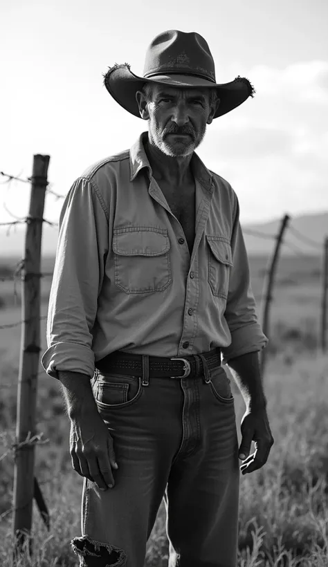 the shirt a little dirtier, ripped pants, the dirtiest hat surrounded by pastures, Representative vegetation fences of Costa Rica in the 20th century , that the photo is in black and white