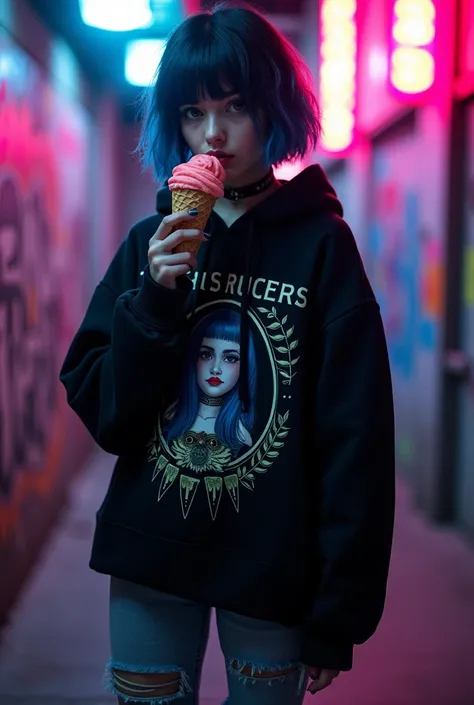 A girl with semi-short navy blue hair eating ice cream in a darkcore style