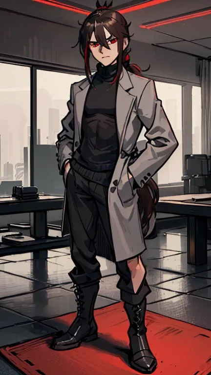 (detailed), (((normal guy))), (Arabic characteristics), ((gray wool jacket)), ((pelo negro rizado Ponytail hairstyle)), ((Ponytail hairstyle)), (calm face), ((by the width)), ((Brown boots)), (((whole body))), ((In a cyberpunk room)), ((male)), (gray turtl...