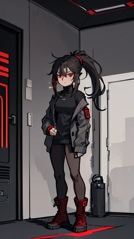 (detailed), (((normal guy))), (Arabic characteristics), ((gray wool jacket)), ((pelo negro rizado Ponytail hairstyle)), ((Ponytail hairstyle)), (calm face), ((by the width)), ((Brown boots)), (((whole body))), ((In a cyberpunk room)), ((male)), (gray turtl...