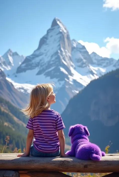 little kid sitting on a bench facing towards mountains with snow in the peaks. hes wearing a purple stripped t shirt and has long blonde hair. he has a purple dog sitting next to him