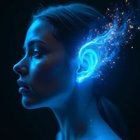 Dibujo de orejas humanas normales con oídos espirituales en tonos azules neon realist sobrenatural con chispas fuego, realist