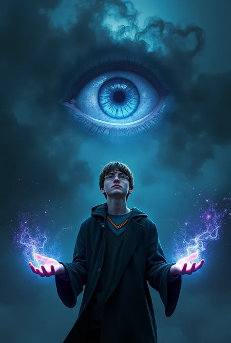 Make Harry Potter while holding hands while making energy coming out of his hands and looking at the dark sky with a cosmic dark eye, around the eyes there is black smoke 