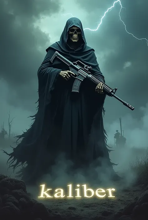 The grim reaper holding a turret machine gun with the word kaliber below it