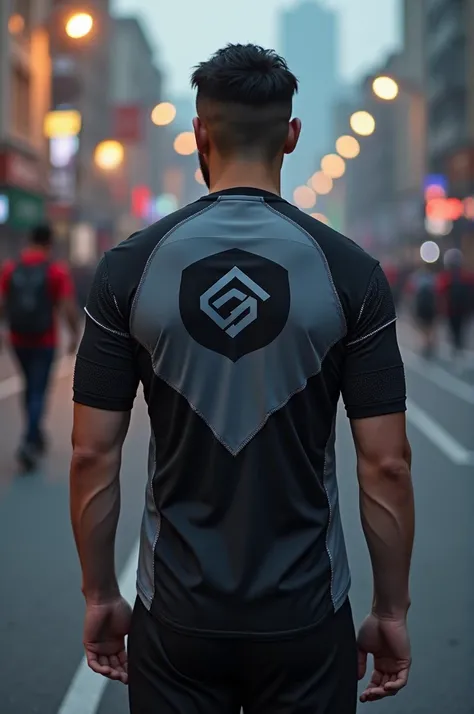 Create a sports shirt, gray and black, with a pentagonal shape in the middle and a GrandS logo in the middle.