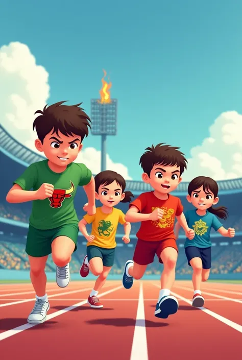 Four children competing on an athletic track, all arriving at the finish line at the same time, one next to the other. Among the four children there must be a child athlete in a green uniform with a bull insignia, a child athlete in a red uniform and a dra...