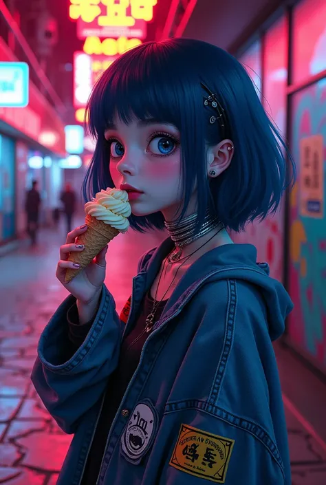 A girl with semi-short navy blue hair eating ice cream in a darkcore style and baggy clothes drawn in an original yet cartoonish drawing style