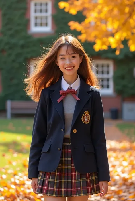 A woman with long hair, single eyelids, braces, square face, wearing a school uniform.