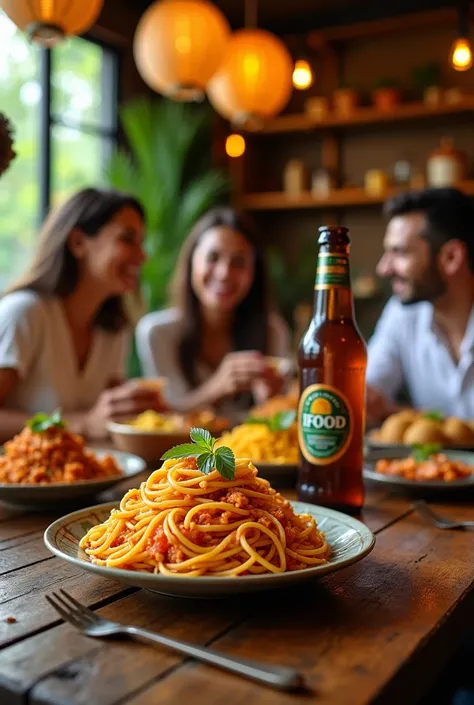 Cover for restaurant on Ifood with oriental features, Italian pasta dough, Brazilian family, Indian spices and bottle of beer