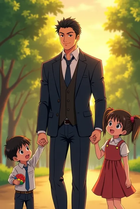 realistic anime style drawing of a strong man in a suit with two children