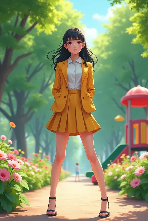 Schoolgirl in a suit with a pleated miniskirt, jacket and high-heeled sandals standing with her legs very open and full body in a park