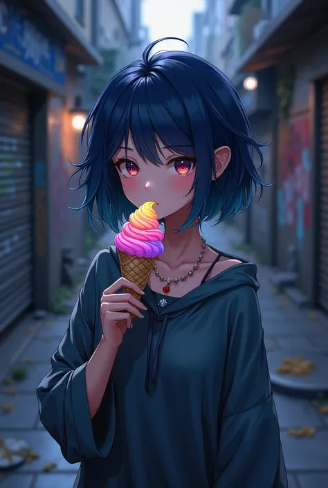 A girl with semi-short navy blue hair eating ice cream in a darkcore style and loose clothing drawn with an original drawing style but more anime