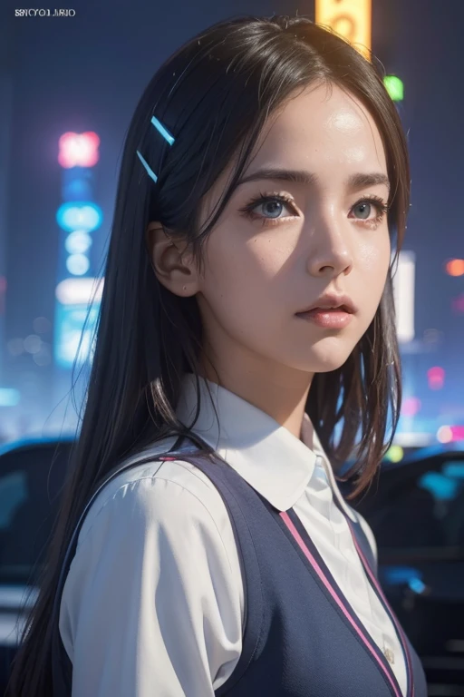 a beautiful, elegant girl with long, flowing blue hair, piercing blue eyes, and a mature, confident expression, wearing a school uniform, standing in a futuristic, high-tech city setting with neon lights, skyscrapers, and advanced technology in the backgro...