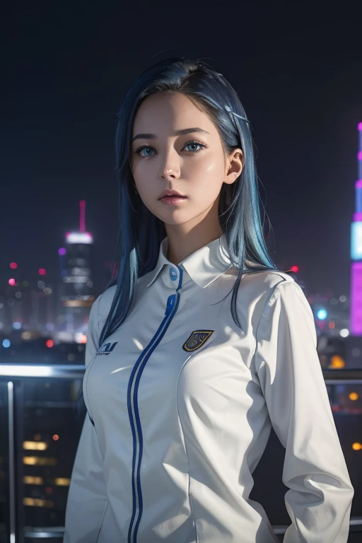 a beautiful, elegant girl with long, flowing blue hair, piercing blue eyes, and a mature, confident expression, wearing a school uniform, standing in a futuristic, high-tech city setting with neon lights, skyscrapers, and advanced technology in the backgro...