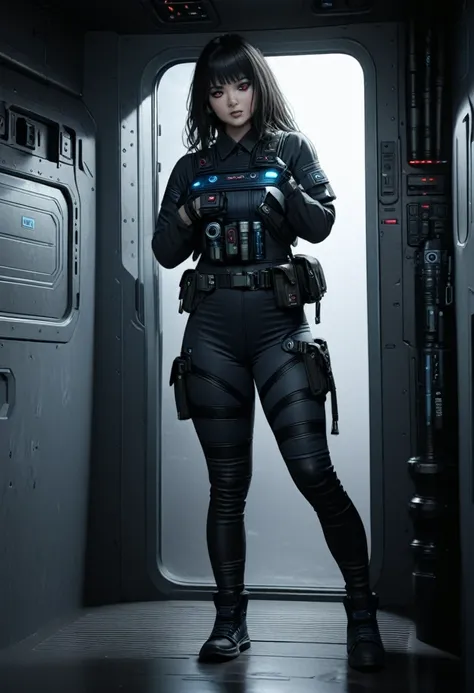 A female Chiss with dark blue skin, black hair, and red eyes, wearing a black jumpsuit, tool belt, in a full body pose, standing next to a window in the hallway of a spaceship, (best quality,4k,8k,highres,masterpiece:1.2),ultra-detailed,(realistic,photorea...