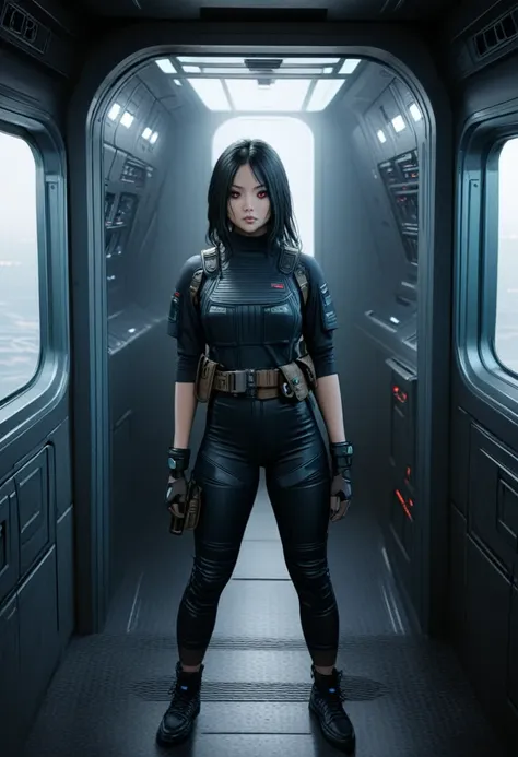 a female chiss with dark blue skin, black hair, and red eyes, wearing a black jumpsuit, tool belt, in a full body pose, standing...