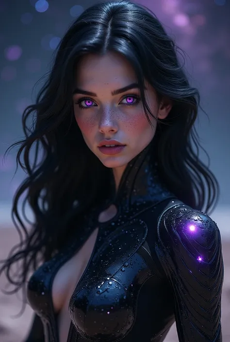 A woman with wavy black hair and purple eyes, Black alien armor, freckles, blush, eye shadow, Cute Face