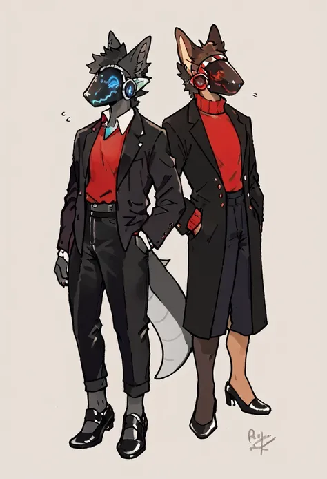 Dark chestnut brown furry protogen with a fire red sweater, elegant black pants, black dress shoes, Elegant black jacket and details on the black protogen visor in red