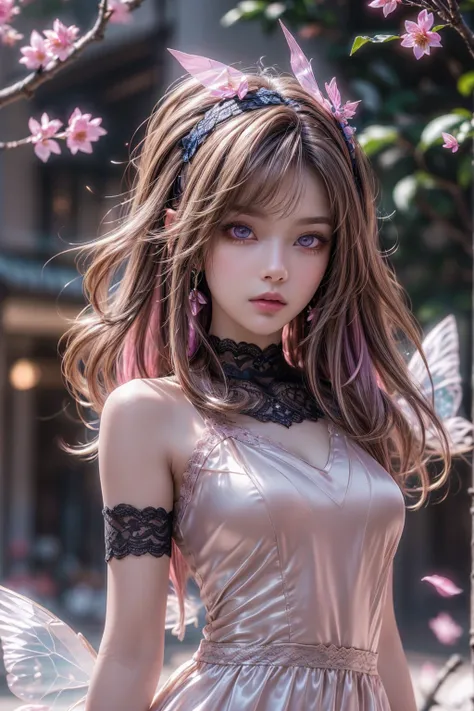 (CG unity 8k wallpaper extremely detailed) (better quality) (better lighting) (an extremely delicate and beautiful) (floating) (beautiful) (spring atmosphere) (1girl) (long pink hair), (hair headband), (detailed and beautiful blue eyes), ((very short white...