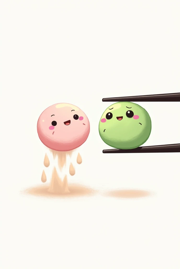 (Cartoon shaped image) two pink and green mochi dusted with flour with chopsticks, background putih.