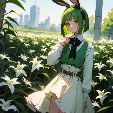 Green rabbit ears, green animal ears, a girl, bob cut, green hair, green eyes, look young, alone, short,  tiny,Lolita, childhood,smile, White Lily blouse, mini skirt, hairband, belt, ribbon, kawaii, cute, 10-year-old, baby face, face, 1900 age, City,