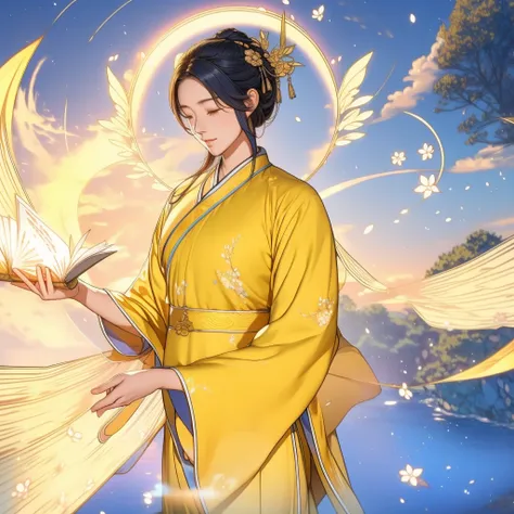 Ancient Hanfu Studying Scriptures 8K Taoist Fairy Goddess Jiuyi Mountain Saintess Face Has Halo Floating Tai Chi Taoist Yellow Robe

