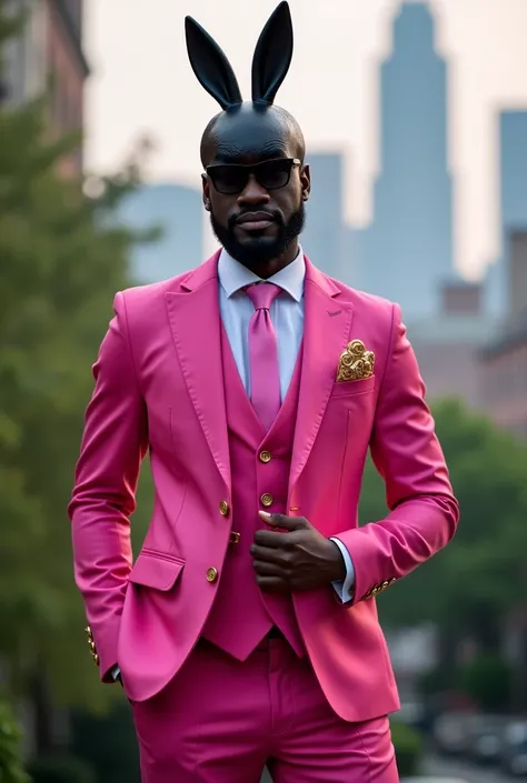 Man with 3piece pink suit with a black bunny baklava